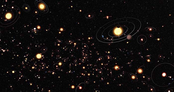 This artists’s cartoon view gives an impression of how common planets are around the stars in the Milky Way. The planets, their orbits and their host stars are all vastly magnified compared to their real separations. A six-year search that surveyed millions of stars using the microlensing technique concluded that planets around stars are the rule rather than the exception. The average number of planets per star is greater than one.